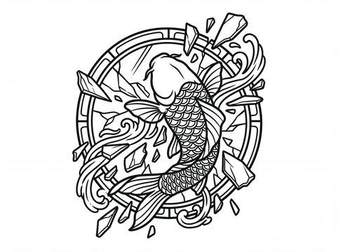 Koi tatto vektor illustration of a carp breaking through a frame