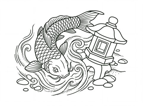 Koi tatto vektor of japanese fish and stone lantern line art