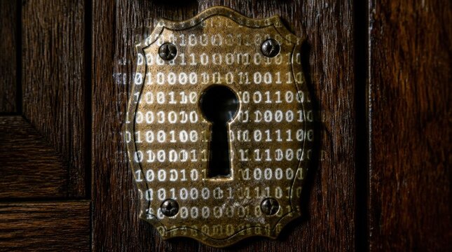Old wooden door keyhole overlaid with glowing binary code representing data security.