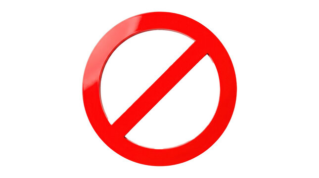 Red prohibition sign symbol with a bold circular ring and diagonal slash, smooth glossy finish, clean geometry, and crisp universal warning design. Photorealistic studio product photography, straight