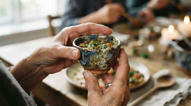 Elderly hands holding a small rustic bowl filled with hearty lentil soup at a dinner table