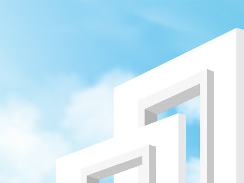 Sky background with cloud, Modern house architecture window frame on blue pastel,Product podium on soft nature light for Spring,Summer banner, Minimal vector display design