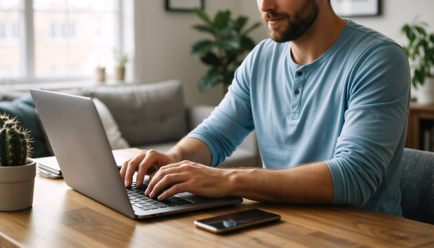 Man working on laptop at home office table, embodying remote work lifestyle with natural light.