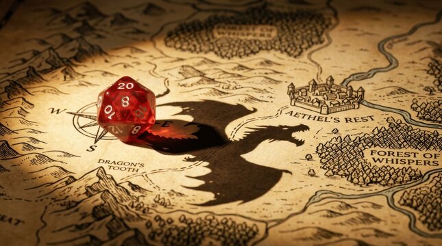 Red d20 die casting a dragon shadow on an old fantasy map.