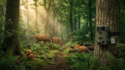 Obraz premium Trail camera mounted on a tree trunk in a lush forest with diverse wildlife in the background
