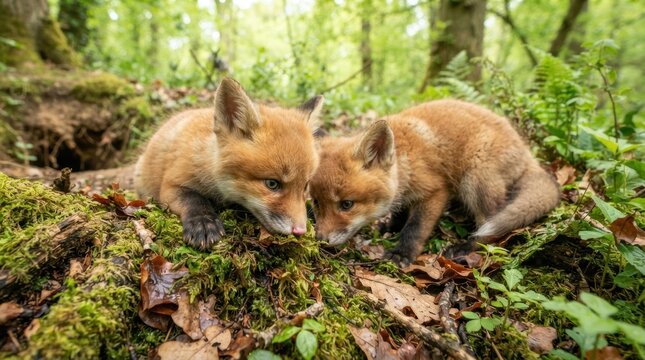 Two adorable red fox kits exploring the lush green forest floor near their underground den site