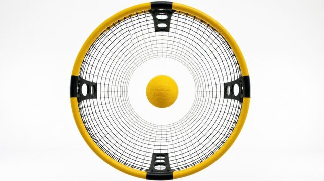 Round spikeball net with a yellow ball centered inside for sports and active games.