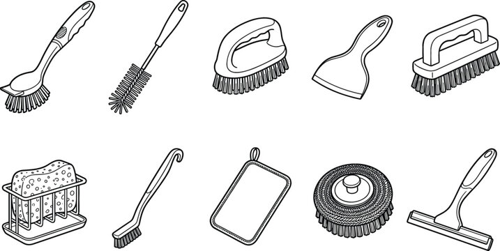 House Cleaning Brush and Scrubber Icon Set featuring Dish Wand Bottle Brush Scraper Sponge Holder and Squeegee Symbols for Household Chores Graphic Designs