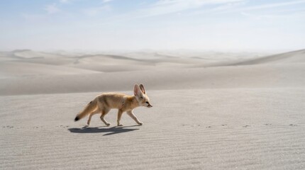 Obraz premium A fennec fox walking across the vast and arid sand dunes of a bright sunlit desert landscape
