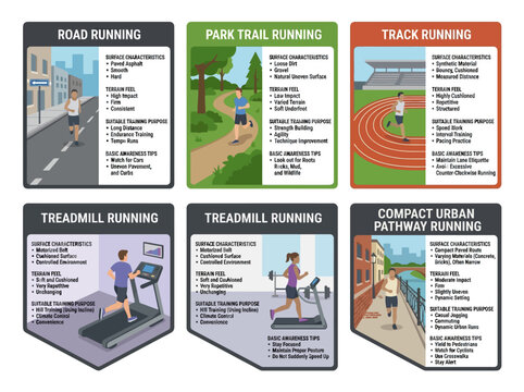 Infographic comparing running surfaces including road, park trail, track, treadmill, and urban pathway with training tips and terrain characteristics