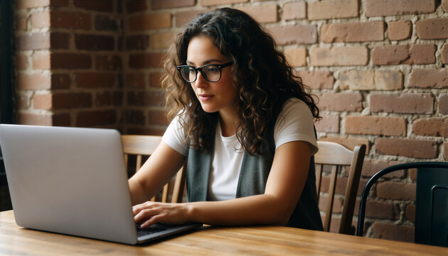 Focused woman working remotely on a laptop at a wooden table against a rustic brick wall, embodying digital nomad life.