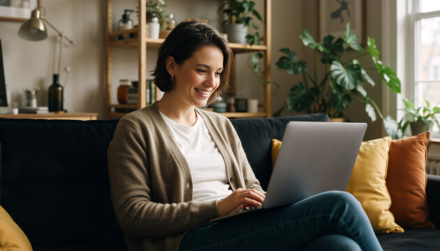 Woman working remotely on laptop in cozy home office setting, embodying digital nomad lifestyle.