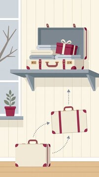 Suitcases moving to a high shelf for hiding holiday gifts in a family secrecy game. Flat vector illustration shows motion arrows and a wrapped gift box tucked inside open luggage.