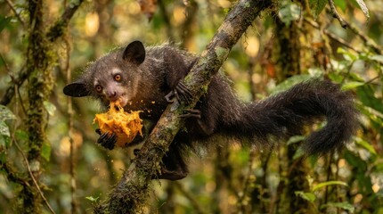Fototapeta premium An aye-aye foraging and eating a piece of fruit while perched on a mossy tree branch in forest