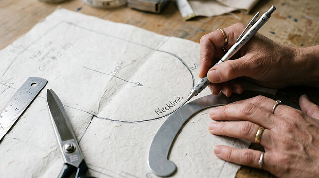 Tailoring and pattern making process with precise measurements and drafting tools for custom garment design