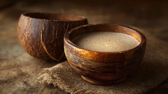 kava. Traditional wooden bowl filled with cloudy kava drink and coconut shell. lifestyle magazines, social media lookbooks, designed for influencer and brand collaborations, drives engagement.