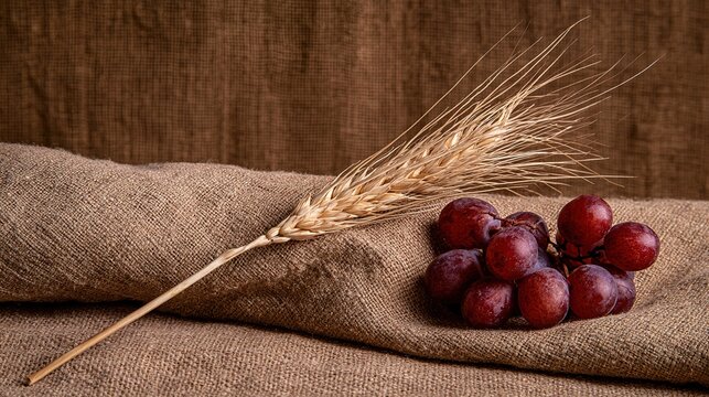shallow. A stalk of wheat and grapes on rough linen cloth in warm light. gardening catalogs, home-decor guides, designed for gardening and botanical catalogs, used by data analysts.