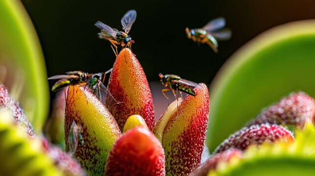 flytrap. A Venus flytrap flower surrounded by insects in a close-up view. gardening catalogs, home-decor guides, designed for gardening and botanical catalogs, used by policy analysts.
