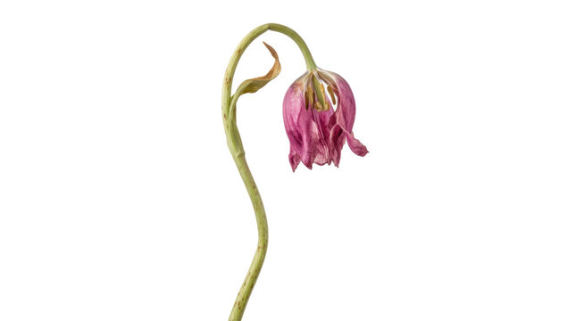 Single wilted tulip with drooping flower head, softly wrinkled petals, curved green stem and realistic fading botanical texture. Photorealistic studio product photography, front 3/4 view, vertical