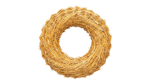 Round straw wreath with tightly bundled golden stalks, dense circular form and rustic natural fiber texture, simple handcrafted seasonal decoration; photorealistic product photography, front view,