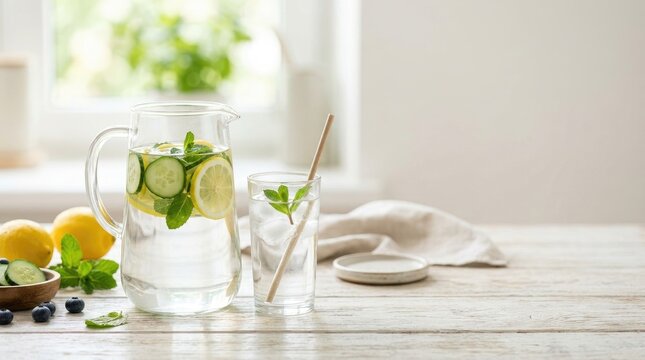 A clear glass pitcher filled with refreshing water is garnished with lemon slices, cucumber slices, and mint leaves. A straw rests in a glass beside the pitcher.