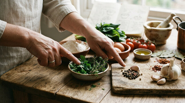 Hands pointing at fresh herbs and spices on a rustic wooden table preparing ingredients for cooking