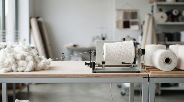 Cotton fibers being spun into yarn on a machine in a workshop