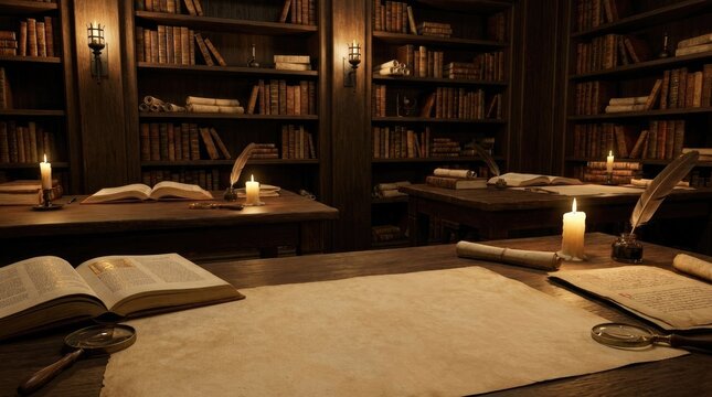 A dimly lit study showcases a grand bookshelf filled with aged books.