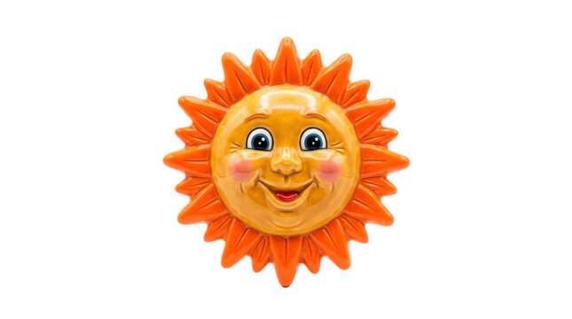 Smiling sun-shaped decorative figure with a round golden face, bright orange rays, rosy cheeks, cheerful eyes, and a friendly cartoon-inspired expression. Premium playful object styling with realistic