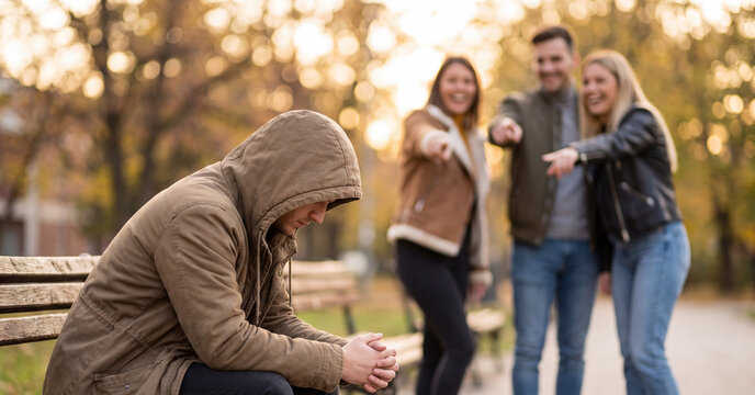 Sad man sitting on a park bench being mocked by a group of laughing