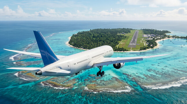 Commercial Airplane Flying Over Tropical Ocean Toward Island