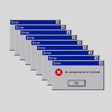 Stacked retro computer error pop up windows on gray background