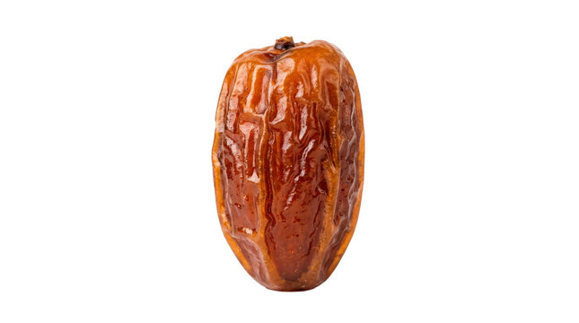 Single Medjool date with rich amber-brown skin, plump oval form, natural wrinkles and glossy caramel-like surface, premium dried fruit snack. Photorealistic studio photography, 3/4 macro view,