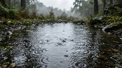 Obraz premium Raindrops falling into a puddle on a muddy path in a misty green forest, creating beautiful water ripples during a rainy day in nature