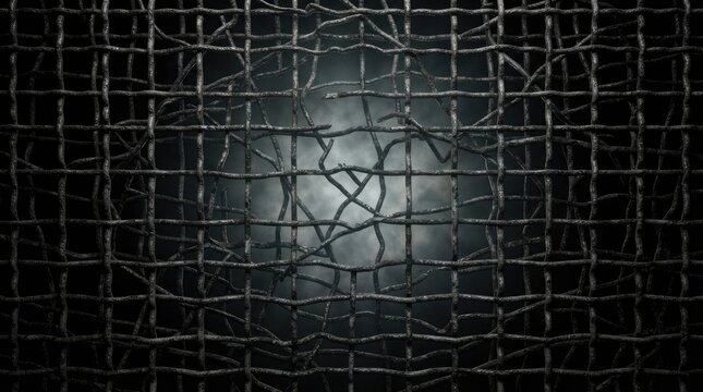A dark, ominous image depicts a weathered, stone fence with a dense network of thorny branches obscuring a faint, ethereal glow within.