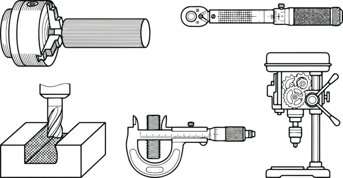 Bold monoline machine shop vector set with clean outline drill press lathe chuck micrometer and milling tool icons