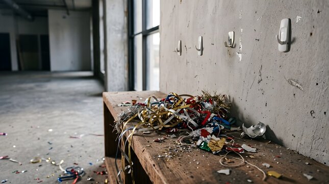 Empty event venue after celebration with leftover party streamers and confetti on wooden bench