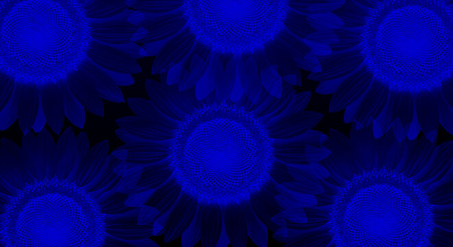 Abstract deep blue floral pattern featuring multiple glowing sunflowers on a dark background