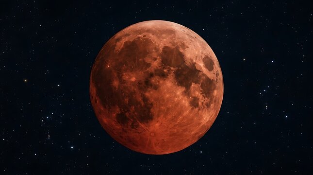 Mesmerizing spectacle of a brilliant red moon casting an ethereal glow across the vast, star-dusted cosmic expanse during a total lunar eclipse event