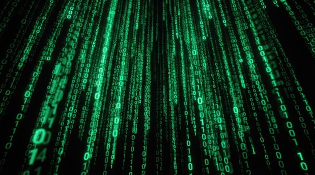 A dark background displays a cascade of green digital code. The code streams downwards, creating a visually complex and dynamic effect.