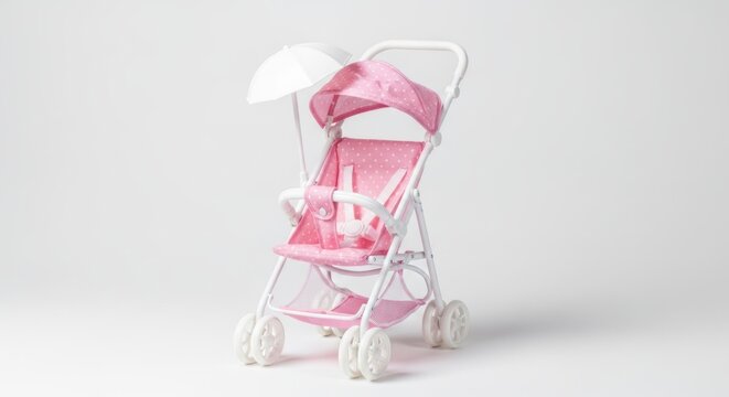 Pink Baby Stroller with White Frame.
