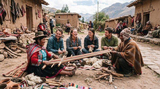Tourists Learn Traditional Weaving from Indigenous Andean Women in a Peruvian Village