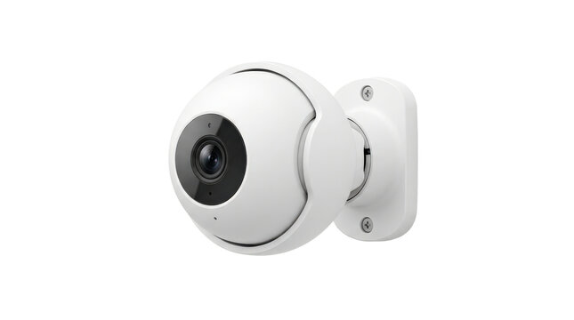 Security camera with compact spherical camera body, dark lens window, motorized swivel mount, short wall bracket, and clean surveillance-device design. Photorealistic, front 3/4 view, horizontal