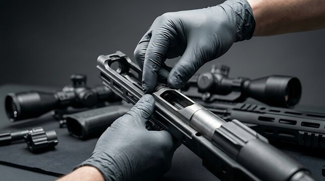 Hands in black gloves maintaining and cleaning a modern semi-automatic rifle part on a professional workshop table with optical scopes in background