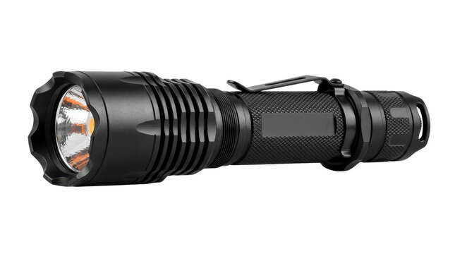 Tactical LED flashlight with a heavy black machined aluminum body, crenelated strike bezel, and a textured knurled grip. Photorealistic, side 3/4 view, horizontal orientation, ultra-high-resolution