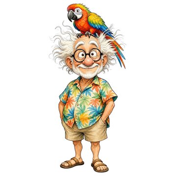 Grandpa With Parrot Sitting On His Head Raising Eyebrows
