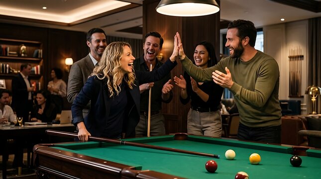 Group of friends celebrating a victory after playing a game of billiards in a lounge area, high-fiving and smiling