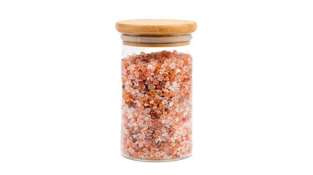 Glass jar filled with coarse bath salt crystals, clear cylindrical vessel, textured mineral contents, and simple sealed lid, elegant spa accessory. Photorealistic, front 3/4 view, vertical