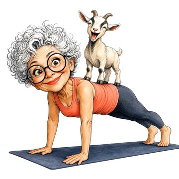 Yoga Grandma In Plank Pose With Laughing Goat On Back