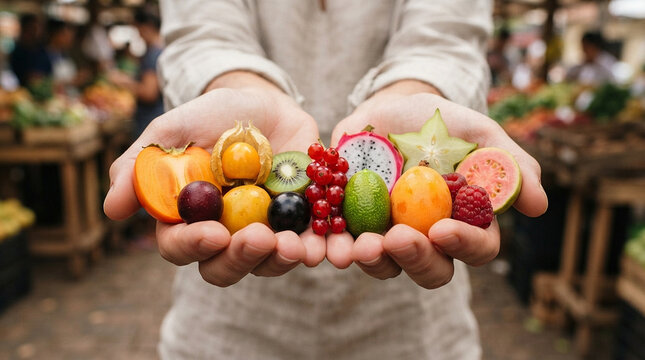 Hands holding a variety of fresh exotic fruits including dragon fruit kiwi star fruit and berries